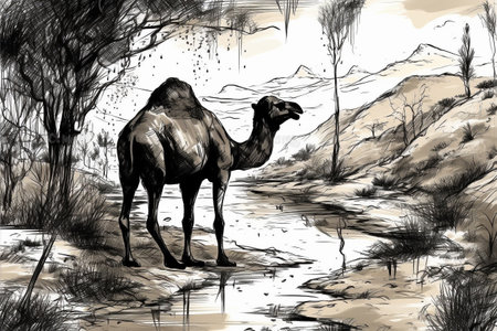 Hand drawn ink illustration of a camel in its natural habitat. Created with generative AI.の素材