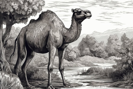 Hand drawn ink illustration of a camel in its natural habitat. Created with generative AI.の素材