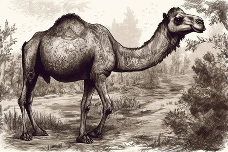 Hand drawn ink illustration of a camel in its natural habitat. Created with generative AI.の素材