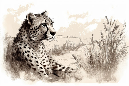 Hand drawn ink illustration of a cheetah in its natural habitat. Created with generative AI.の素材