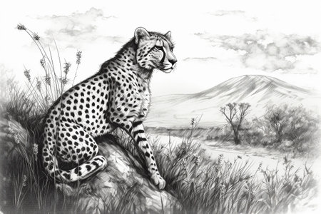 Hand drawn ink illustration of a cheetah in its natural habitat. Created with generative AI.の素材