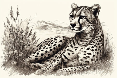 Hand drawn ink illustration of a cheetah in its natural habitat. Created with generative AI.の素材