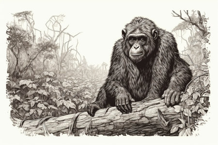 Hand drawn ink illustration of a chimpanzee in its natural habitat. Created with generative AI.の素材