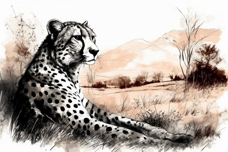 Hand drawn ink illustration of a cheetah in its natural habitat. Created with generative AI.の素材