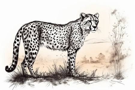 Hand drawn ink illustration of a cheetah in its natural habitat. Created with generative AI.の素材