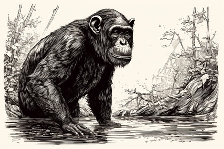 Hand drawn ink illustration of a chimpanzee in its natural habitat. Created with generative AI.の素材