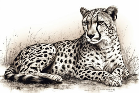 Hand drawn ink illustration of a cheetah in its natural habitat. Created with generative AI.の素材