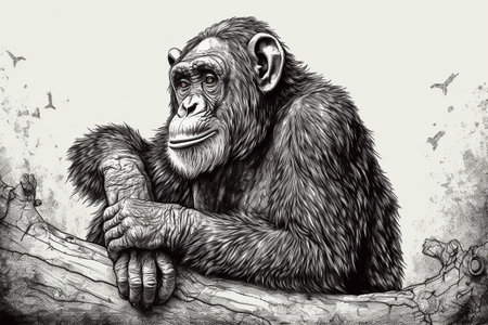Hand drawn ink illustration of a chimpanzee in its natural habitat. Created with generative AI.の素材