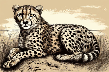 Hand drawn ink illustration of a cheetah in its natural habitat. Created with generative AI.の素材