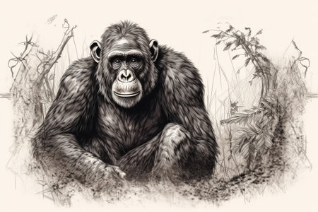 Hand drawn ink illustration of a chimpanzee in its natural habitat. Created with generative AI.の素材