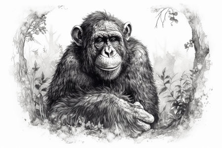 Hand drawn ink illustration of a chimpanzee in its natural habitat. Created with generative AI.の素材