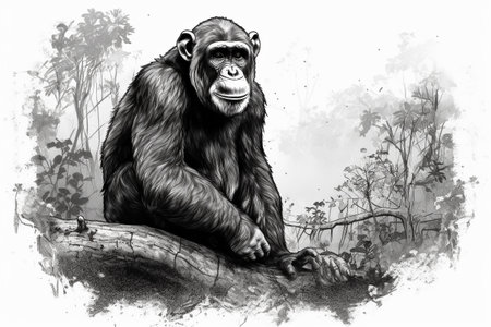 Hand drawn ink illustration of a chimpanzee in its natural habitat. Created with generative AI.の素材