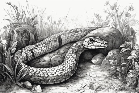 Hand drawn ink illustration of a cobra snake in its natural habitat. Created with generative AI.の素材