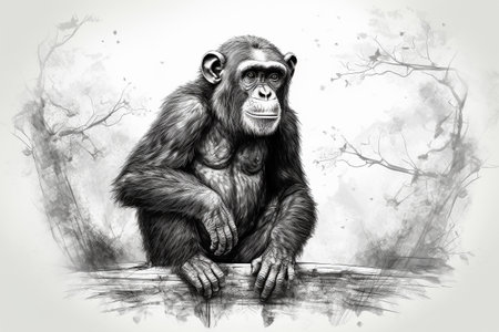 Hand drawn ink illustration of a chimpanzee in its natural habitat. Created with generative AI.の素材