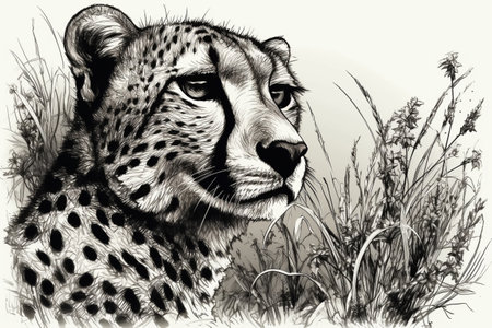 Hand drawn ink illustration of a cheetah in its natural habitat. Created with generative AI.の素材