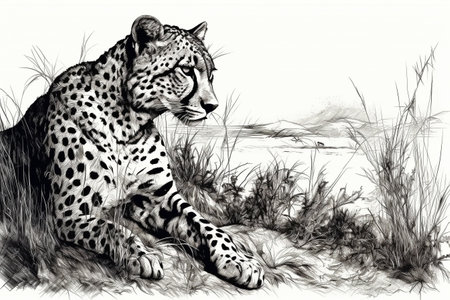 Hand drawn ink illustration of a cheetah in its natural habitat. Created with generative AI.の素材