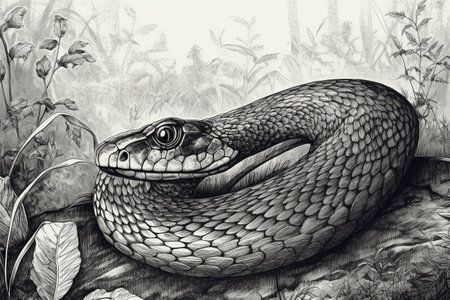 Hand drawn ink illustration of a cobra snake in its natural habitat. Created with generative AI.の素材