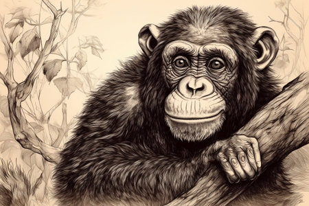 Hand drawn ink illustration of a chimpanzee in its natural habitat. Created with generative AI.の素材