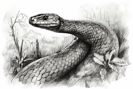 Hand drawn ink illustration of a cobra snake in its natural habitat. Created with generative AI.の素材