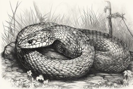 Hand drawn ink illustration of a cobra snake in its natural habitat. Created with generative AI.の素材