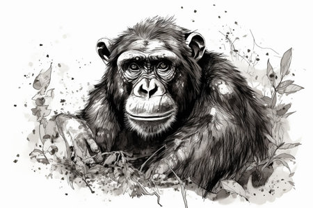 Hand drawn ink illustration of a chimpanzee in its natural habitat. Created with generative AI.の素材