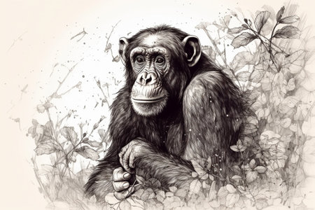 Hand drawn ink illustration of a chimpanzee in its natural habitat. Created with generative AI.の素材