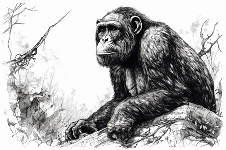 Hand drawn ink illustration of a chimpanzee in its natural habitat. Created with generative AI.の素材