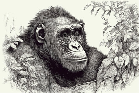 Hand drawn ink illustration of a chimpanzee in its natural habitat. Created with generative AI.の素材