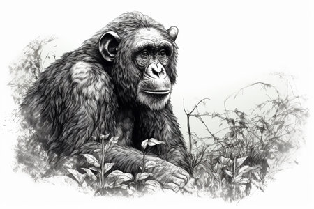 Hand drawn ink illustration of a chimpanzee in its natural habitat. Created with generative AI.の素材