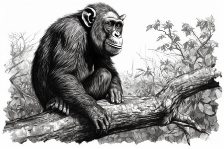 Hand drawn ink illustration of a chimpanzee in its natural habitat. Created with generative AI.の素材