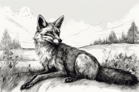 Hand drawn ink illustration of a fox in its natural habitat. Created with generative AI.の素材