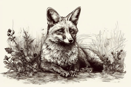 Hand drawn ink illustration of a fox in its natural habitat. Created with generative AI.の素材