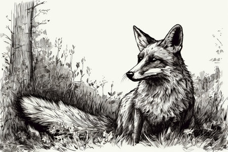 Hand drawn ink illustration of a fox in its natural habitat. Created with generative AI.の素材