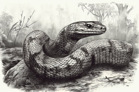 Hand drawn ink illustration of a cobra snake in its natural habitat. Created with generative AI.の素材