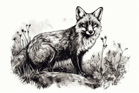 Hand drawn ink illustration of a fox in its natural habitat. Created with generative AI.の素材