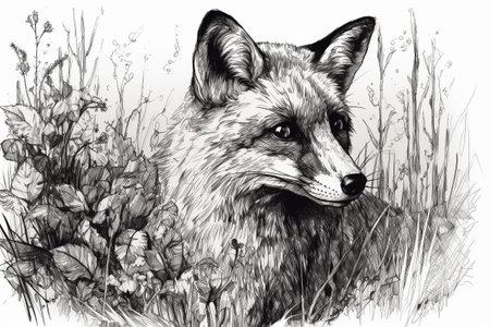 Hand drawn ink illustration of a fox in its natural habitat. Created with generative AI.の素材