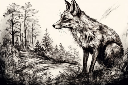 Hand drawn ink illustration of a fox in its natural habitat. Created with generative AI.の素材