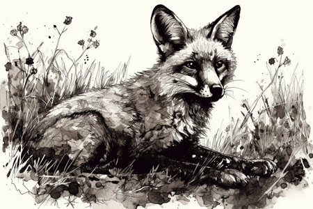 Hand drawn ink illustration of a fox in its natural habitat. Created with generative AI.の素材