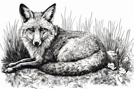 Hand drawn ink illustration of a fox in its natural habitat. Created with generative AI.の素材