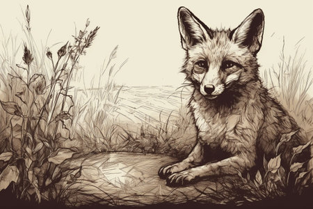 Hand drawn ink illustration of a fox in its natural habitat. Created with generative AI.の素材
