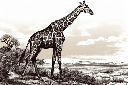 Hand drawn ink illustration of a giraffe in its natural habitat. Created with generative AI.の素材