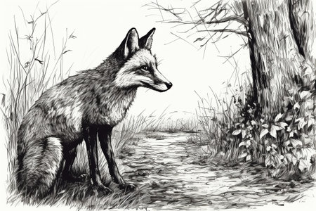 Hand drawn ink illustration of a fox in its natural habitat. Created with generative AI.の素材