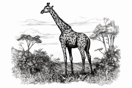 Hand drawn ink illustration of a giraffe in its natural habitat. Created with generative AI.の素材