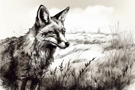 Hand drawn ink illustration of a fox in its natural habitat. Created with generative AI.の素材