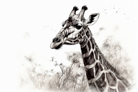 Hand drawn ink illustration of a giraffe in its natural habitat. Created with generative AI.の素材