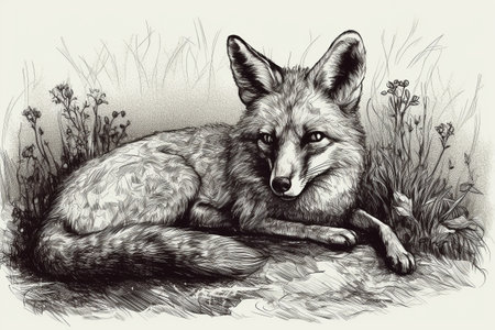Hand drawn ink illustration of a fox in its natural habitat. Created with generative AI.の素材