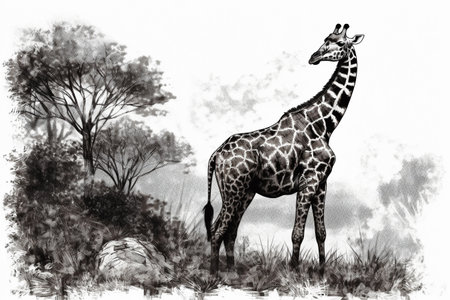Hand drawn ink illustration of a giraffe in its natural habitat. Created with generative AI.の素材