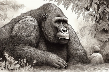 Hand drawn ink illustration of a gorilla in its natural habitat. Created with generative AI.の素材
