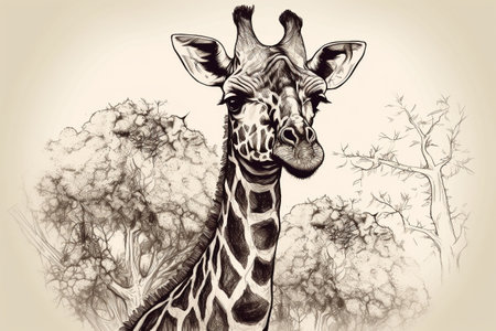 Hand drawn ink illustration of a giraffe in its natural habitat. Created with generative AI.の素材