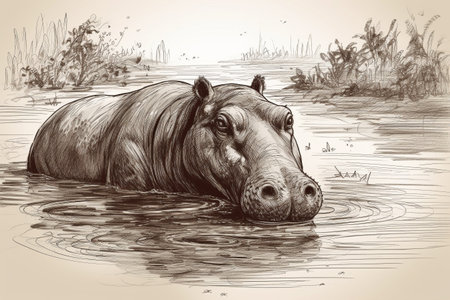Hand drawn ink illustration of a hippopotamus in its natural habitat. Created with generative AI.の素材